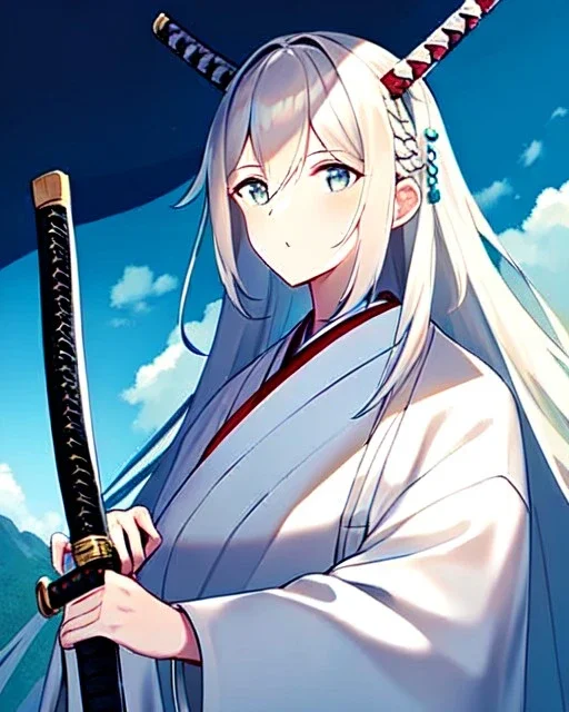 a portrait of an ancient japanese warrior, samurai, white clothes, katana, super detailed, bright colors,