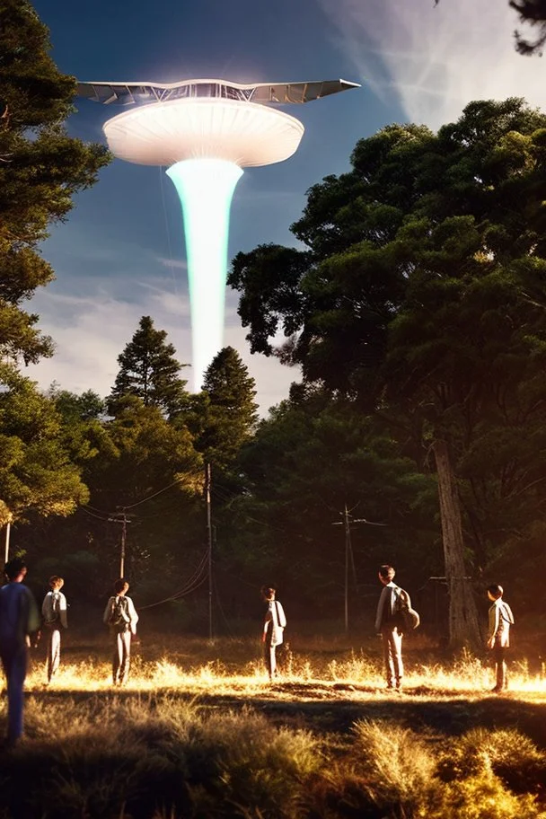 school kids see ufo flying over tall pine trees near a high voltage powerline with (three lights underneath) and lots of lights all around the edge, the year is 1966 in color, concept art, by Asaf Hanuka, by Weta Digital, Electric Colors, Screen Space Global Illumination, in a symbolic and meaningful style