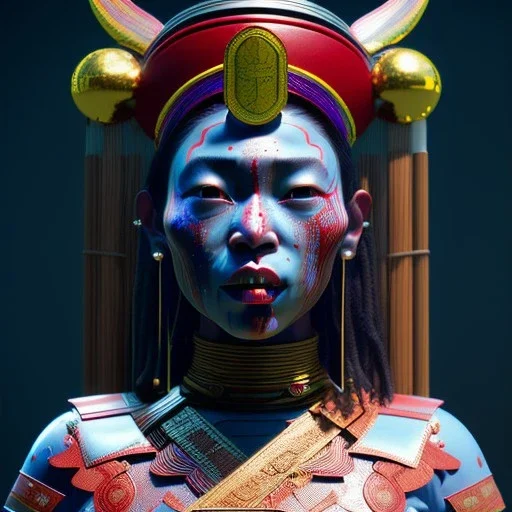 Maya woman, rounded face, blood, lines, black, red, blue, silver, samurai helmet, decorative color feathers, retro, bamboo, leather, soft color, highly detailed, art stations, concept art, smooth, unreal engine 5, god rays, ray tracing, RTX, lumen lighting, ultra detail, volumetric lighting, 3d, finely drawn, high definition, high resolution.