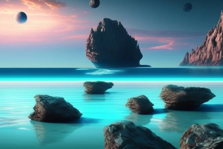 exoplanet in the horizon, big stones, lagoon, cliff, science fiction, epic scene.