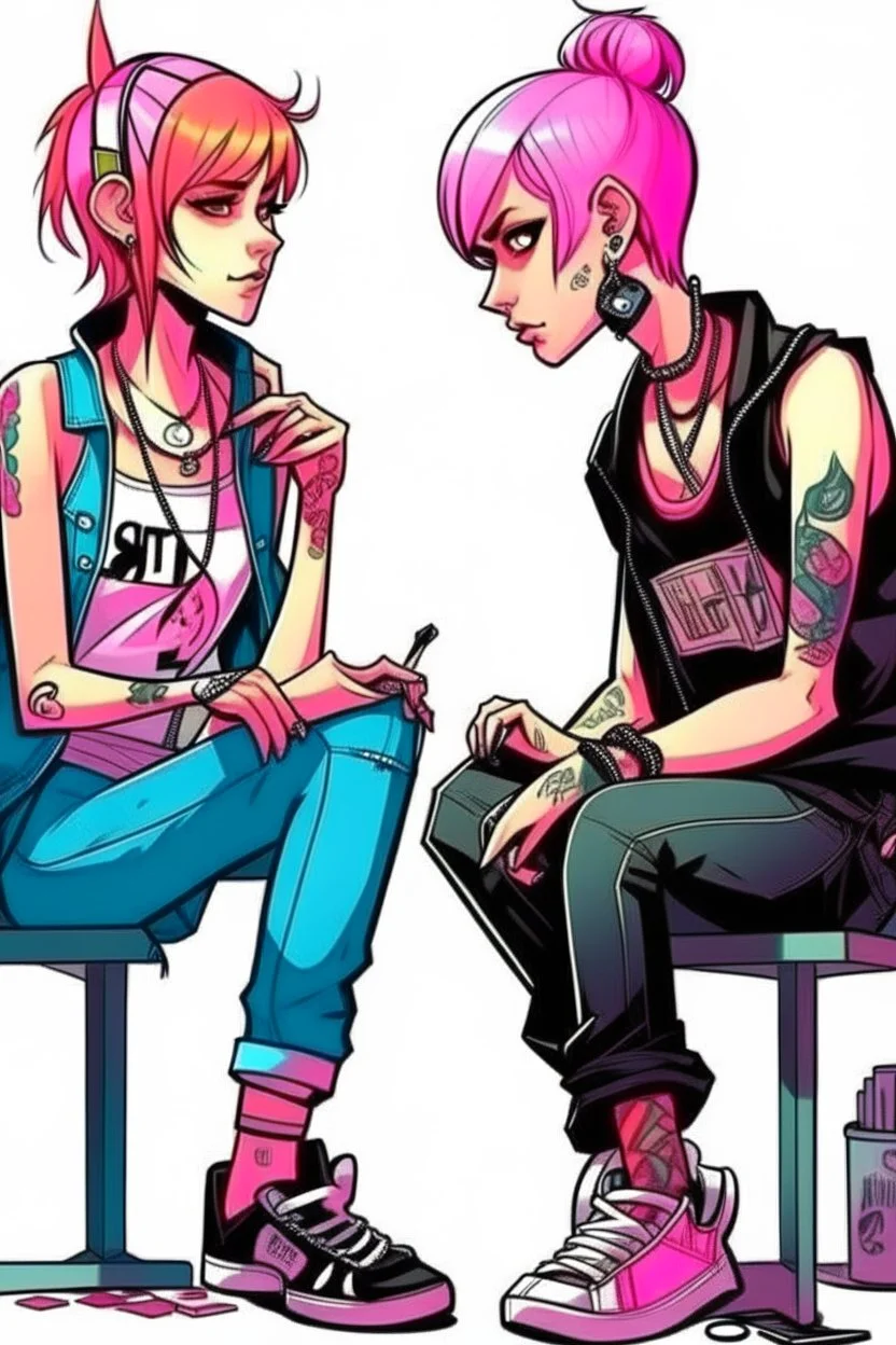 2D animasyon gece oturmuş birbirleri ile sohbet eden 2 kız kısa saçlı ve daha güzel kıyafetler daha detaylı punk tarzı saçları farklı biri diğerine platonik biri pembe tonlu giyiyor biraz daha 3D biri kaslı diğeri balık etli