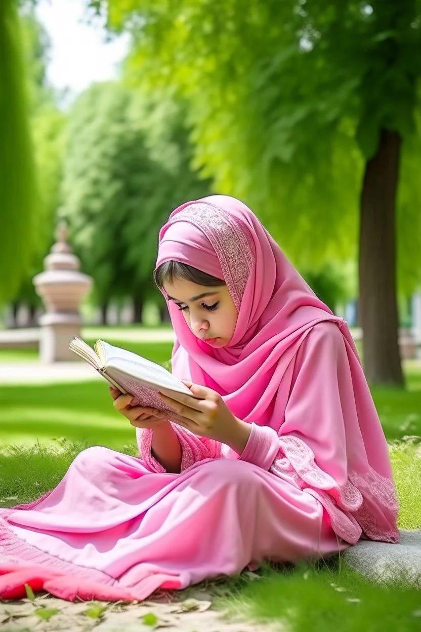 فتاة محجبة بلون الزهري تدرس في حديقة