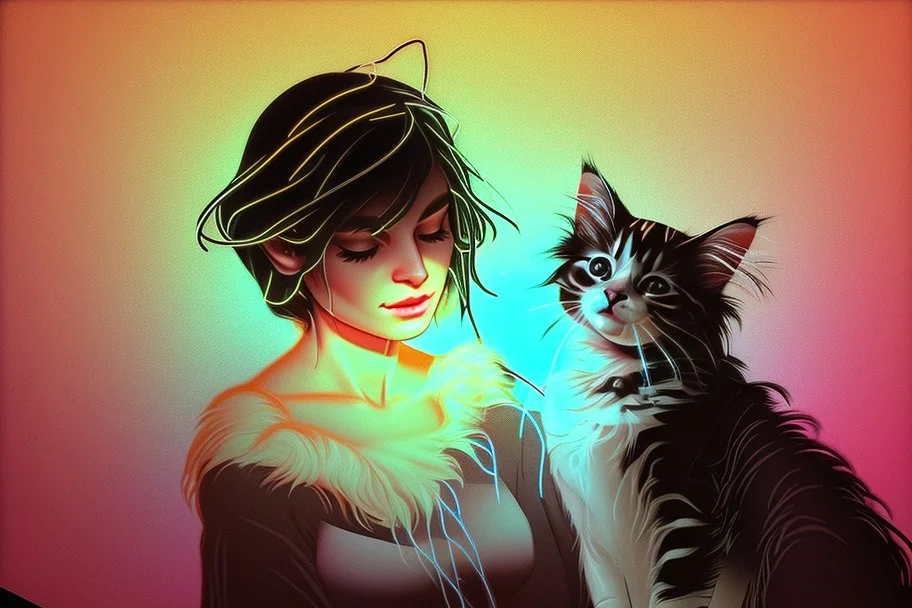 black light art, neon lines, contented brunette woman with fluffy kitten seeking something in the distance