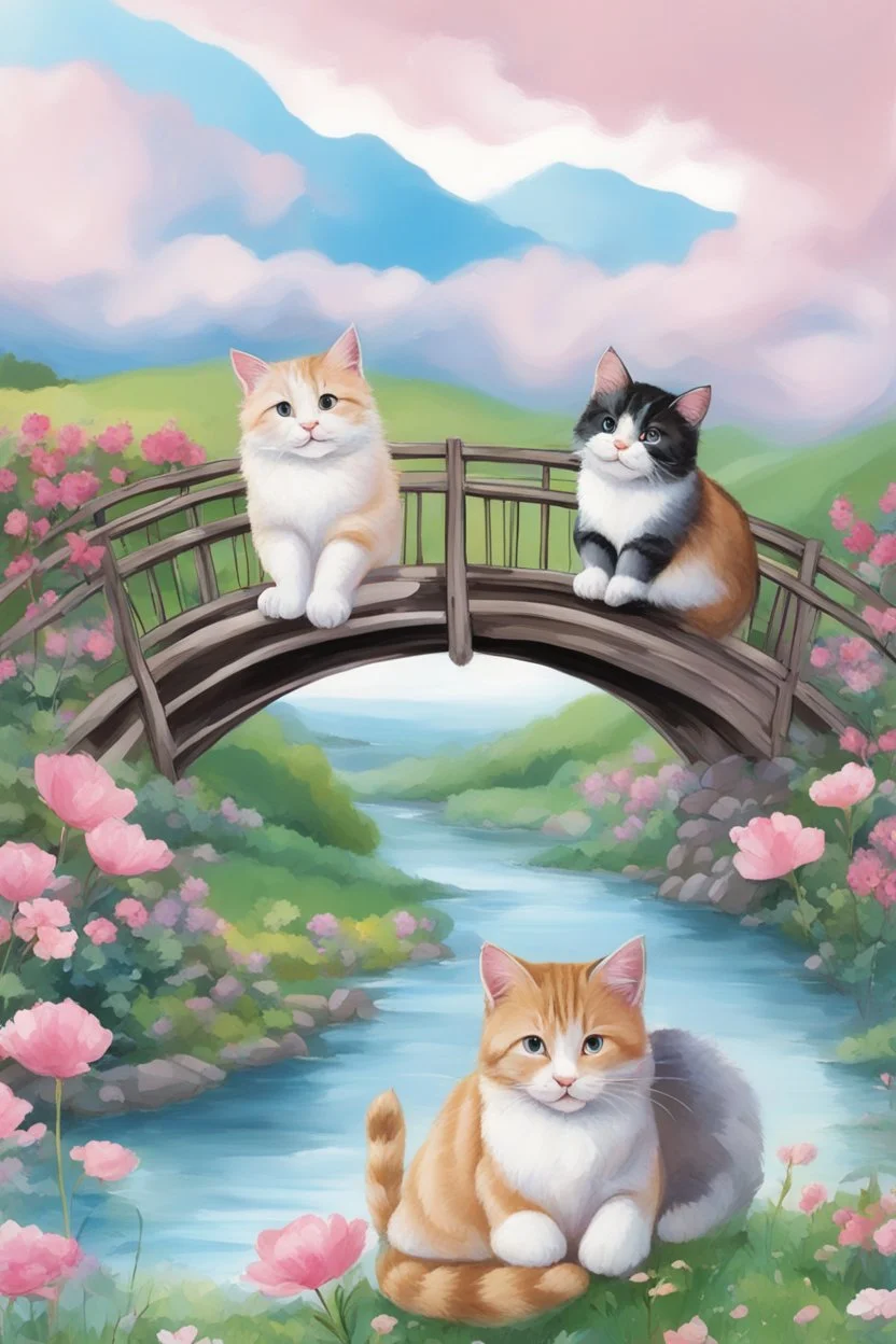 in the center: beautiful chunky cats dancing on a bridge , background: landscape, first plan: pink flowers and a small river with blue water, sky: black clouds