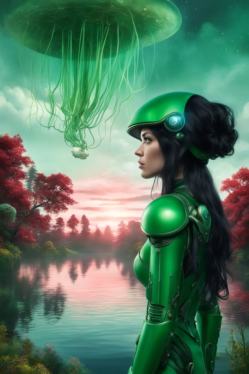 Photorealistic Photo Of A long black-haired woman in a green robot suit, Looking Out Over A Lake With jellyfish with red Tentacles, Tall Narrow Cloud Trees In The distance with an alien sky