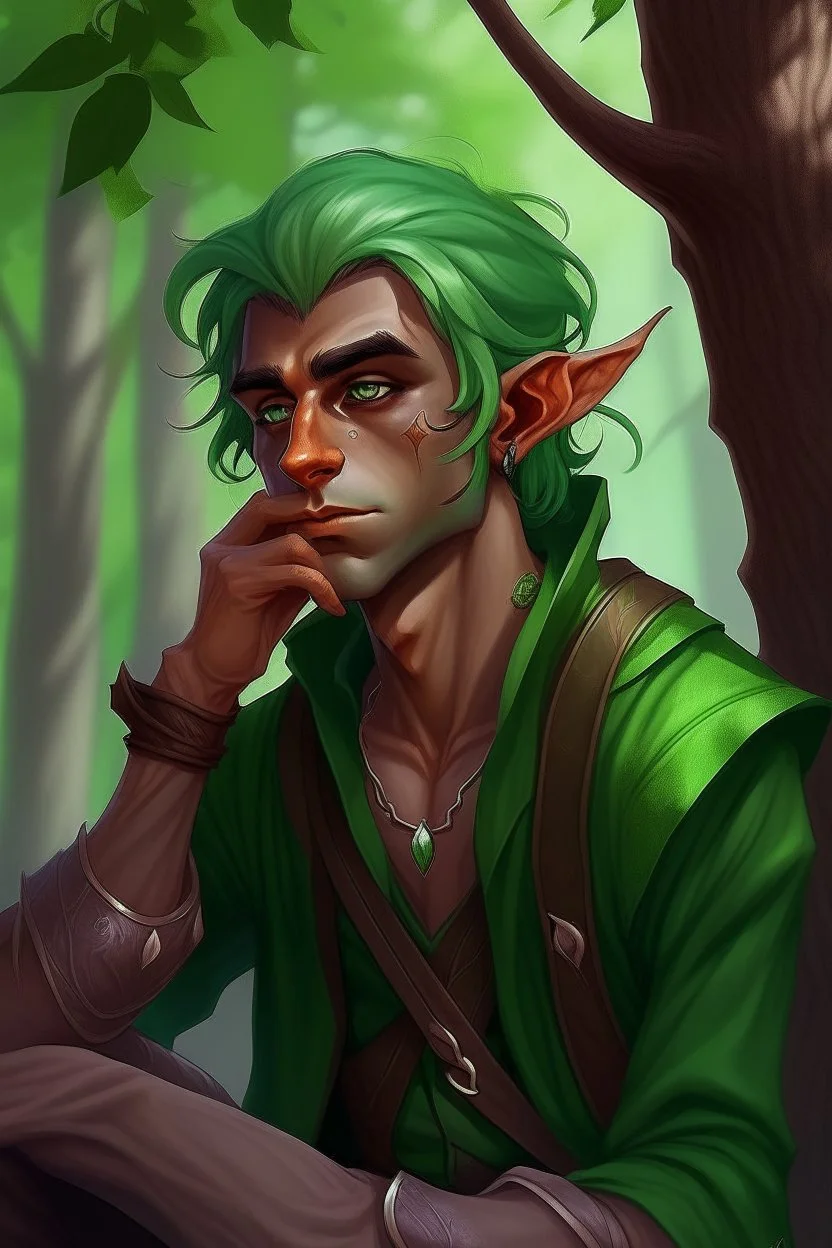 Male elf, rogue, brown skin, bright green eyes, mauve hair, sneaky, trees, stoner, long bow, black leather straps, disheveled, smoking weed