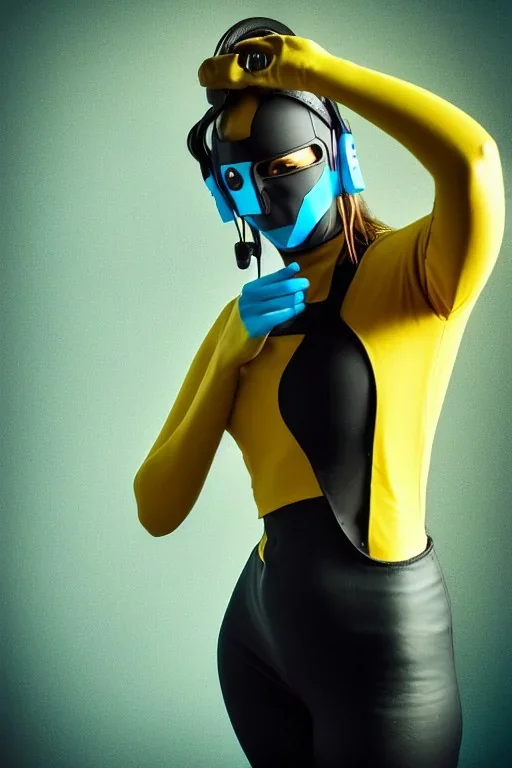 Realistic photograph. Geometric 3D tiling on the background, woman, Whip. Bronze color, Yellow, Black Cyan. Cyber-punk full-mask. Big old AKG headphones, golden rings & disc. Selfie both hands. Lightly armored, electronic circuits. Thick tights, thick calves, bend fell, wide hip, flat belly. Ancient artifact attached. Perfect body. Matrix movie clothes, Silver leather area, tippet, latex. Wicked sneakers. Daft Punk, Tron Movie. Egyptian Haute Couture. 1990's. Ancient telephon