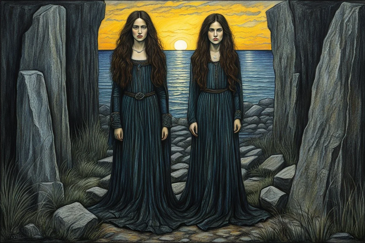 create a full body oil pastel of a dark haired, , raggedly dressed, savage vampire girl with highly detailed , sharply defined hair and facial features , in a dark circle of standing stones at dawn, in the Pre-Raphaelite style of JOHN WILLIAM WATERHOUSE