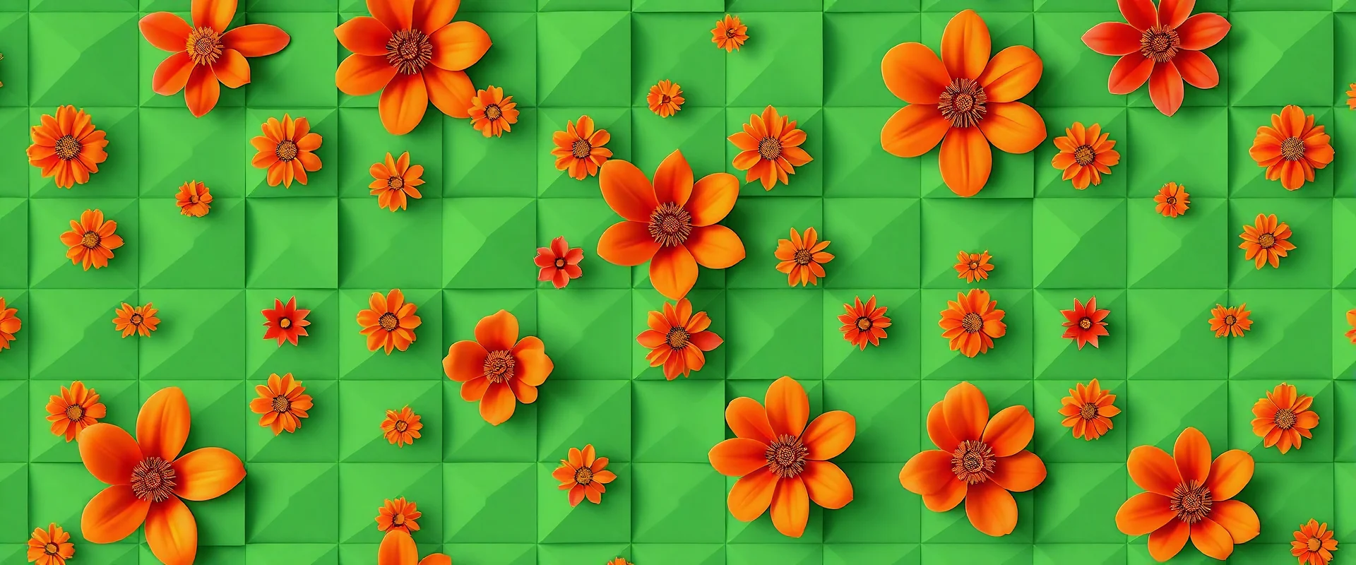 8k 3d cubic shapes seamless print green and orange coloured mondriaan style with flowers