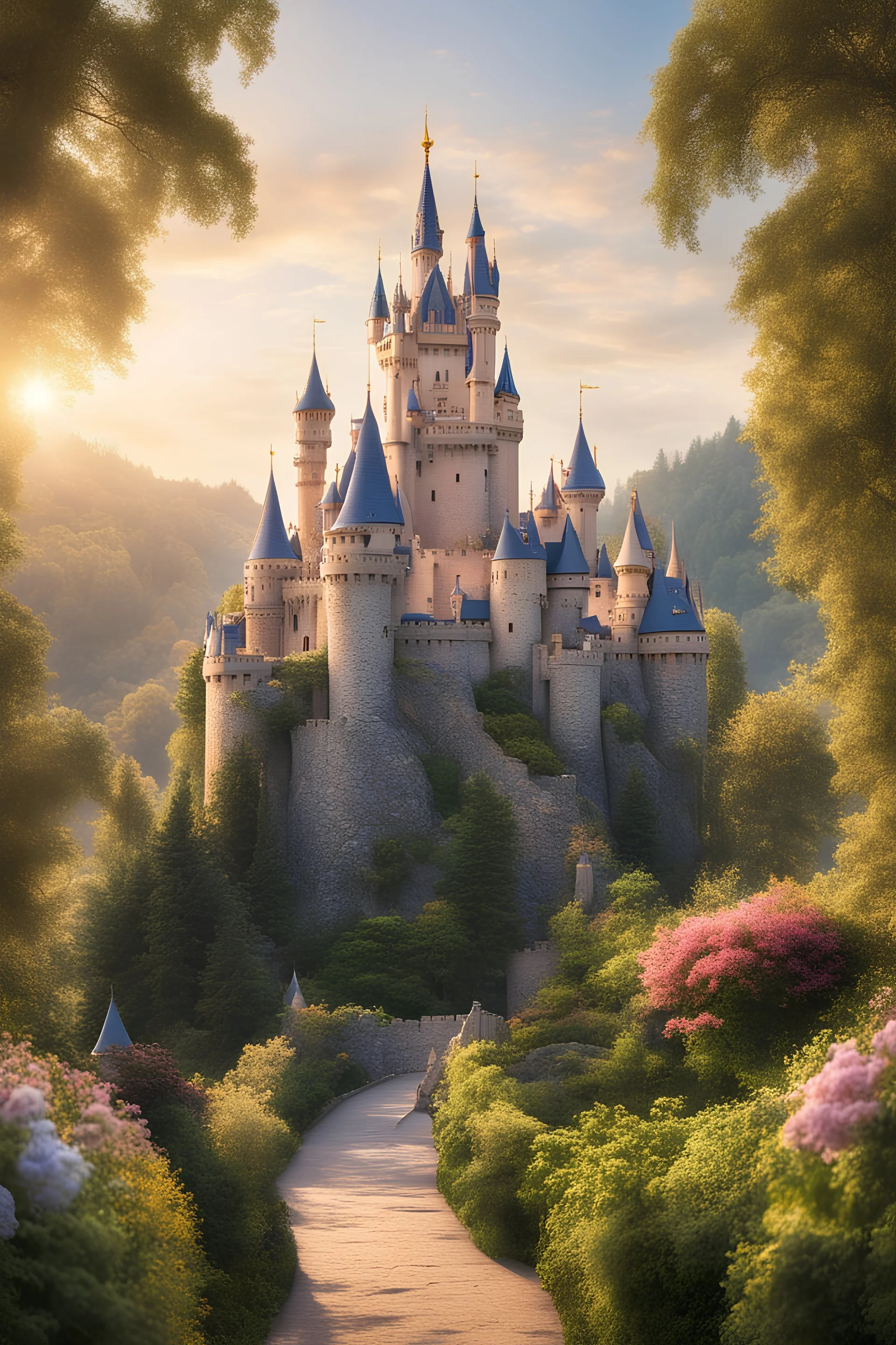 color photo of "Sleeping Beauty Castle", Majestic, towering, enchanting, adorned with turrets and spires, kissed by golden sunlight, adorned with intricate stone carvings, Surrounded by lush green gardens, fragrant flowers, and meandering pathways, nestled in a picturesque landscape, A sense of awe and wonder fills the air, transporting you to a fairytale realm, where dreams come true, Serene, peaceful, and magical, with a touch of mystery and nostalgia, Shot with a vintage film camera