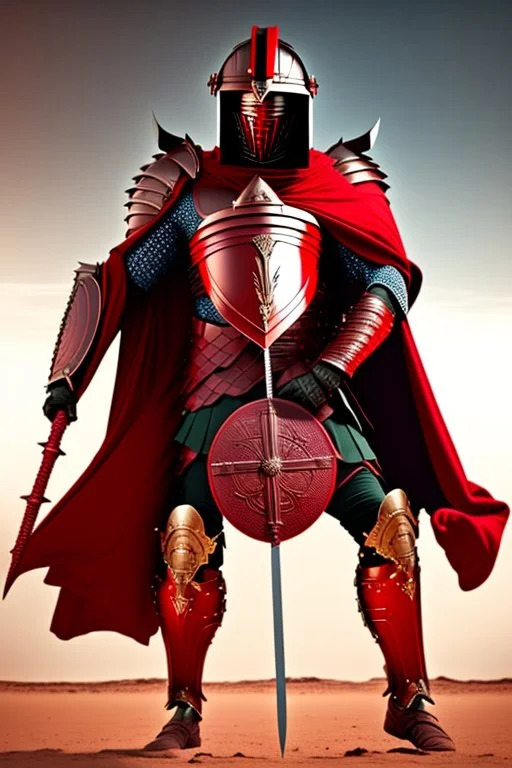 Planet Mars portrayed as a menacing man wearing Roman-like armour, a red cape, and a spartan helmet that covers his face entirely, he is armed with a spear and a spartan shield, his armour is covered with battle marks