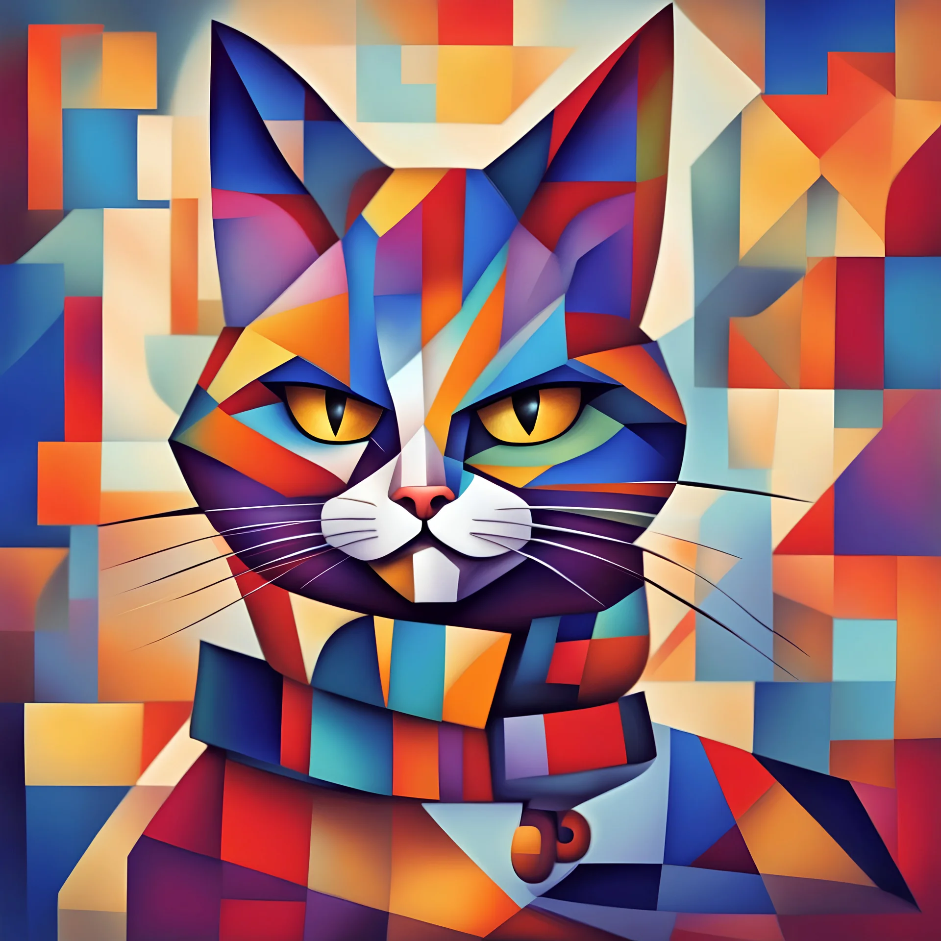 El gato con botas con cara de malo con colores vibrantes, fondo difuminado al estilo del cubismo
