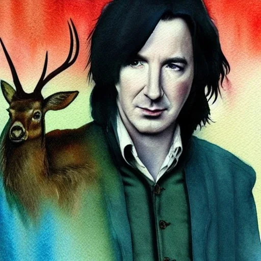 high-quality, fine-detail close-up watercolor of young Alan Rickman as Severus Snape with iridescent deer in foreground, 8k, intricate, photoillustration, artwork, volumetric lighting, deviantart