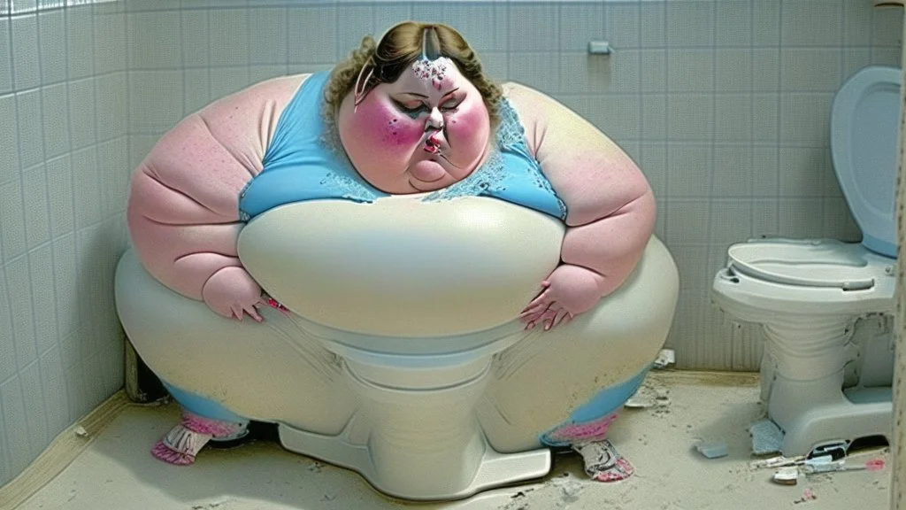 fat lady sits on broken toilet