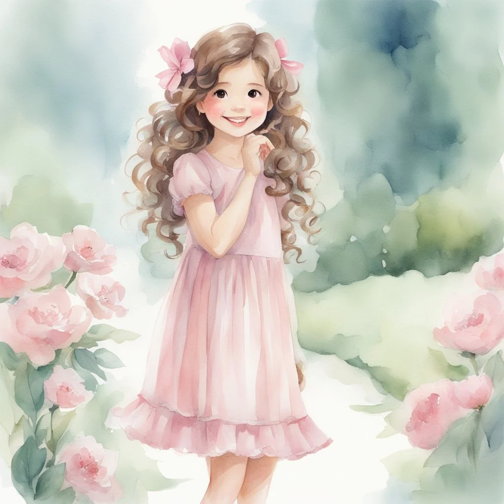 watercolor, full body, cute smile girl, curly hair, big eyes, long brown hair, pink dress, pink shoes, white backgrownd