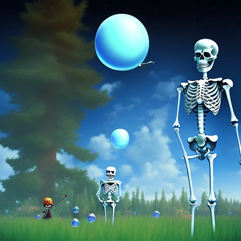 The Skeleton and the Grim Reaper on bubble world, discussing the future of the universe, art by Magritte and Pixar