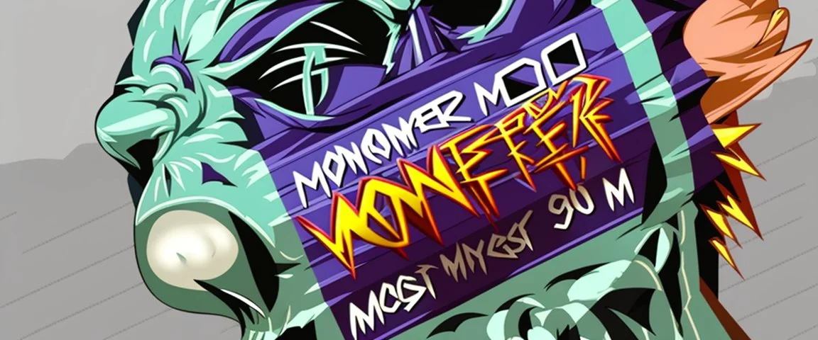 monster more angry and more 90s style, angry fast, extreme, wild, so so angry, red and purple background with 90s style slashes, 45 degree angle, ferce,