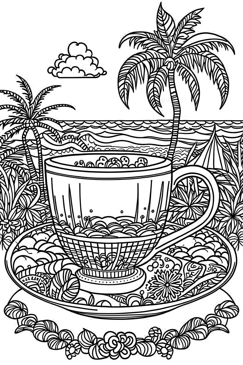 Outline art for coloring page, GROOVY HIPPIE-STYLE TEACUP SET BEACH PALM TREES OCEAN, coloring page, white background, Sketch style, only use outline, clean line art, white background, no shadows, no shading, no color, clear