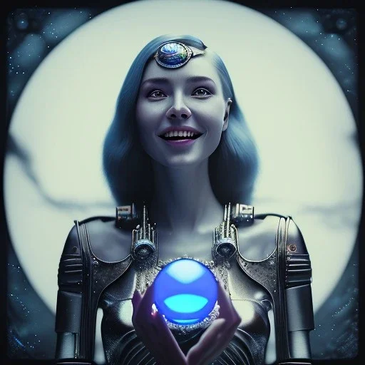 a happy woman holding a blue crystal up to the sky, scary, steam punk, realistic, made in octane, cinematic, ultra-realistic, extremely detailed octane rendering, 8K, VRAY Super Real ar 2:3, dof photorealistic futuristic 50mm lens hard lighting dark gray tintype photograph, realistic lighting