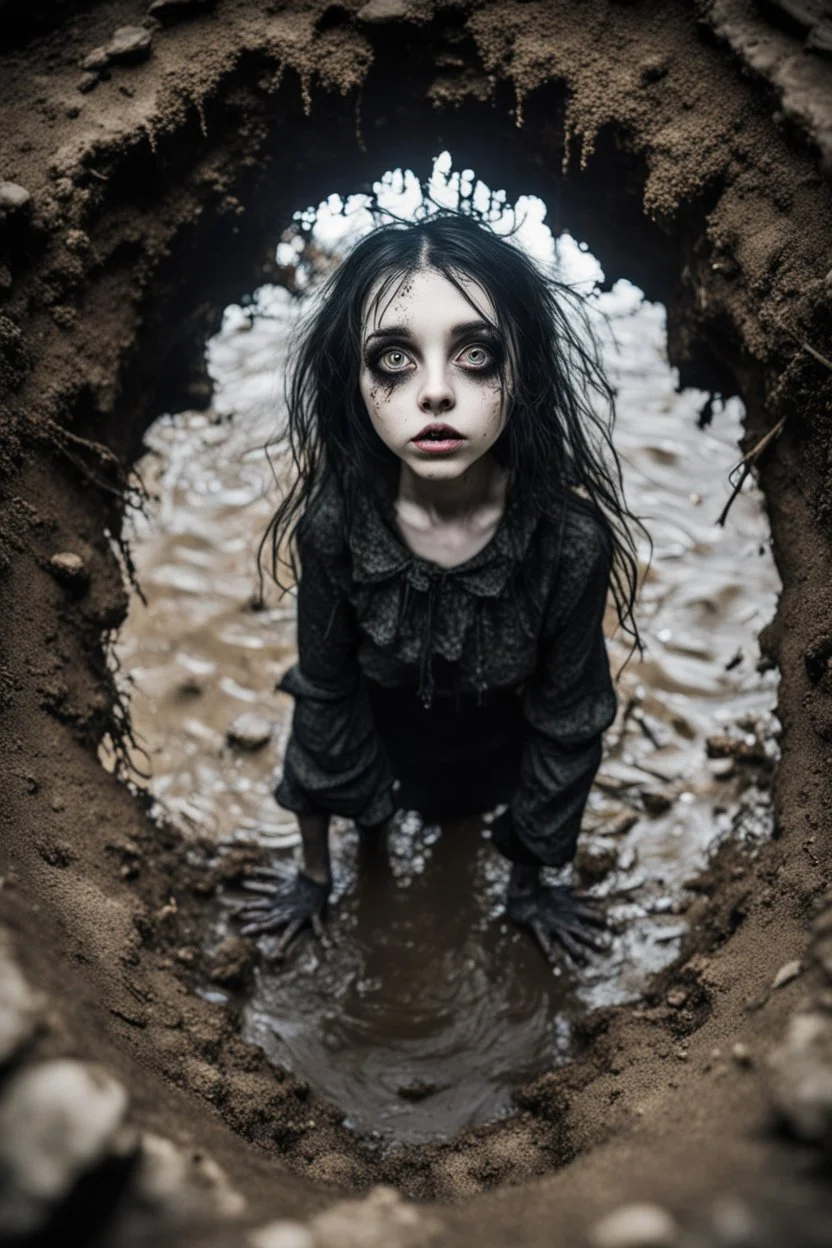 Closeup petit Girl goth with big eyes, fullbody, ragged clothes, extended like roots, the perspective looking up from the bottom of an empty well , midle underwater and mud 8k,macro photography,