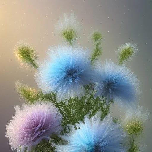 icy blue, ice, plants, wildflower, 4k resolution, soft smooth lighting, soft pastel colors, stars, light