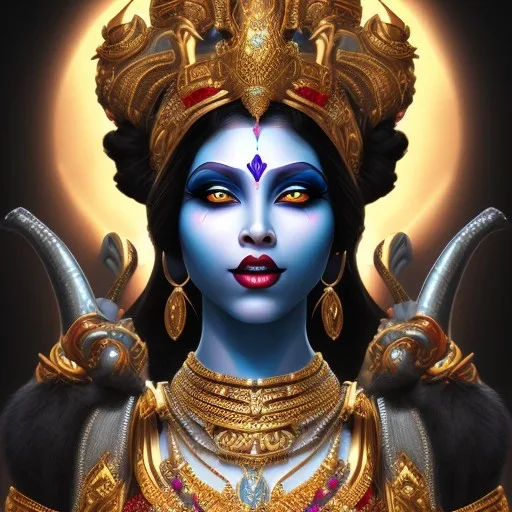 Goddess Kali, pitch black complexion, beautiful, svelte, stunning, chiseled face, fierce, unreal-5 engine volumetric lighting, intricate details, realistic style, artstudio trending