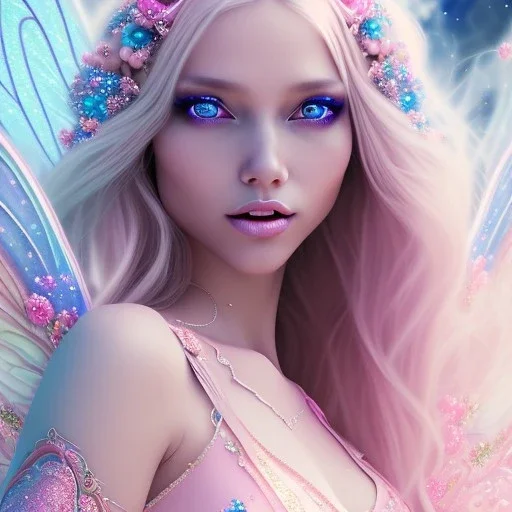 beautiful, soft, big smile face, whole head, long straight blonde hair blues eyes, crown on the head, clothing in transparent bluish and pink veil,fairy wings on the back, background brillante bluish and pink, hight definition, 8K