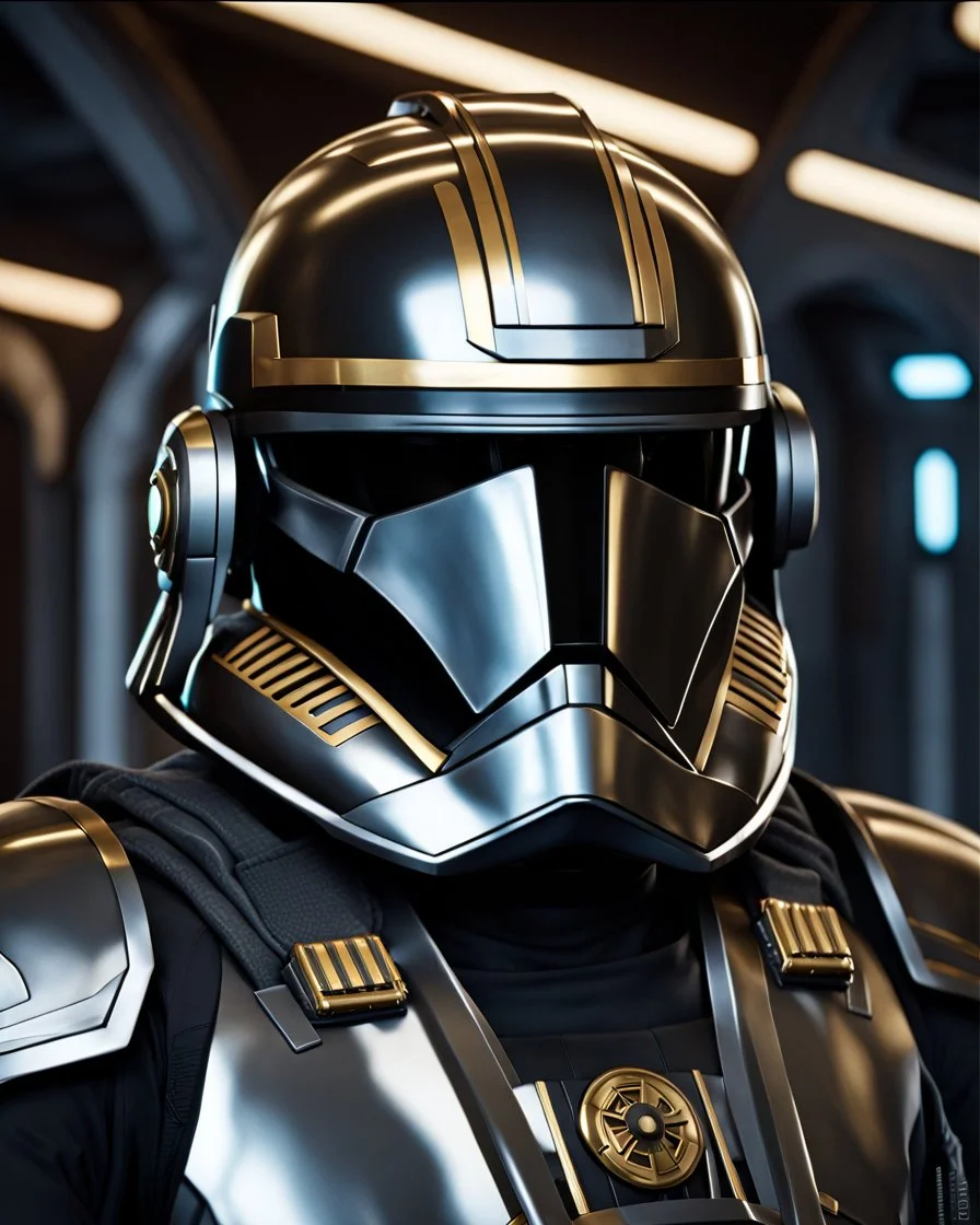 star wars bald male corellian pilot wearing pearlescent black and gunmetal grey First Order special forces armor and helmet with gold trim inside the jedi temple, centered head and shoulders portrait, hyperdetailed, dynamic lighting, hyperdetailed background, 8k resolution, volumetric lighting, light skin, fully symmetric details