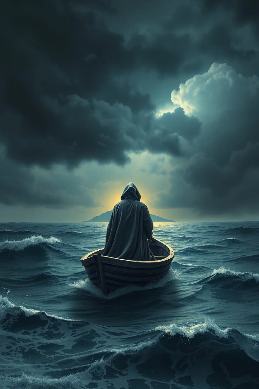 Hyperrealistic illustration of boat in it a hooded man floating on the surface of a vast ocean, with waves gently lapping against it. The sky is dark and stormy, with heavy, ominous clouds swirling above. In the distance, a small island glows softly, surrounded by a faint golden halo, contrasting with the dramatic, turbulent atmosphere. The overall scene should be moody and surreal, with intricate textures on the chess piece to highlight its grandeur and mystery.