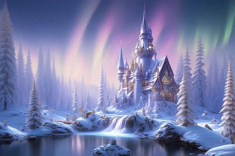  white and gold crystal castle，waterfall, winter snow flakessnow, northern Lights, full of details, smooth, bright sunshine，soft light atmosphere, light effect，vaporwave colorful, concept art, smooth, extremely sharp detail, finely tuned detail, ultra high definition, 8 k, unreal engine 5, ultra sharp focus