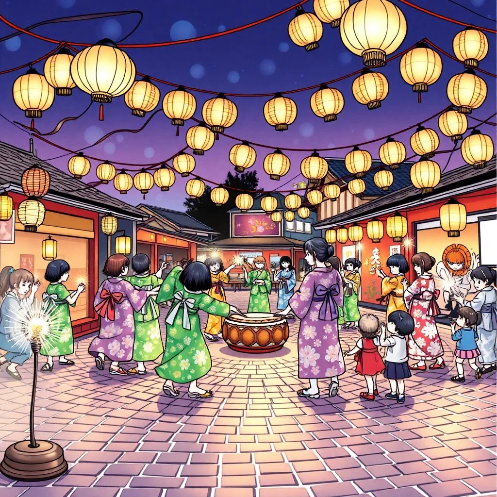 Create a book cover for "Cozy Japan Coloring Book" featuring a joyful Bon Odori festival scene as the central focus. Graceful dancers in colorful yukata perform traditional movements in a circle under strings of glowing paper lanterns. The scene takes place at twilight in a charming village square, with wooden stalls, fluttering festival flags, and curious children holding sparklers nearby. A taiko drum sits at the center of the dance ring, while soft lantern light reflects on the cobblestone gr