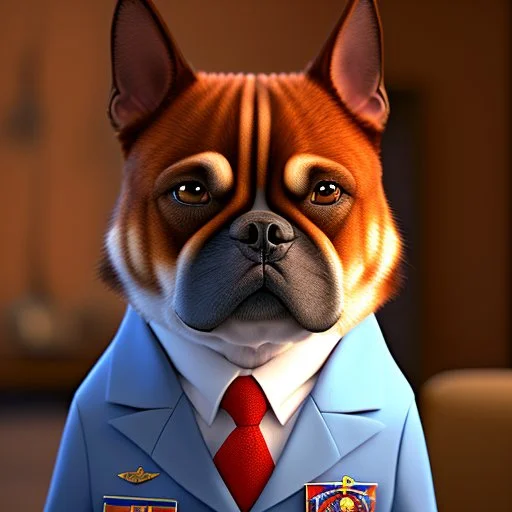 Illustrative sketch of a Pixar 3D image of an angry humanoid dog, suit and tie, ultra quality, 8k