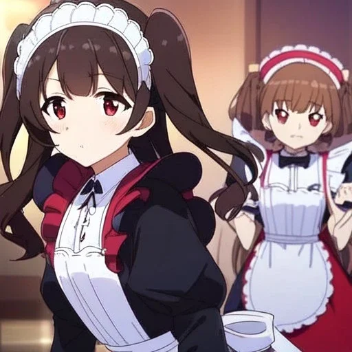 Clear focus, High resolution, Rough line, cute, anime style, red eyes, sparkling eyes, brown hair, red eyes, wearing a maid outfit, long twin tails, long bangs, anime screencap, choppy long bangs