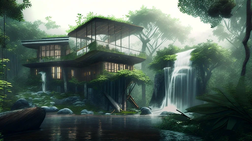 modern house by a big water falls in a karstic montain rain forest