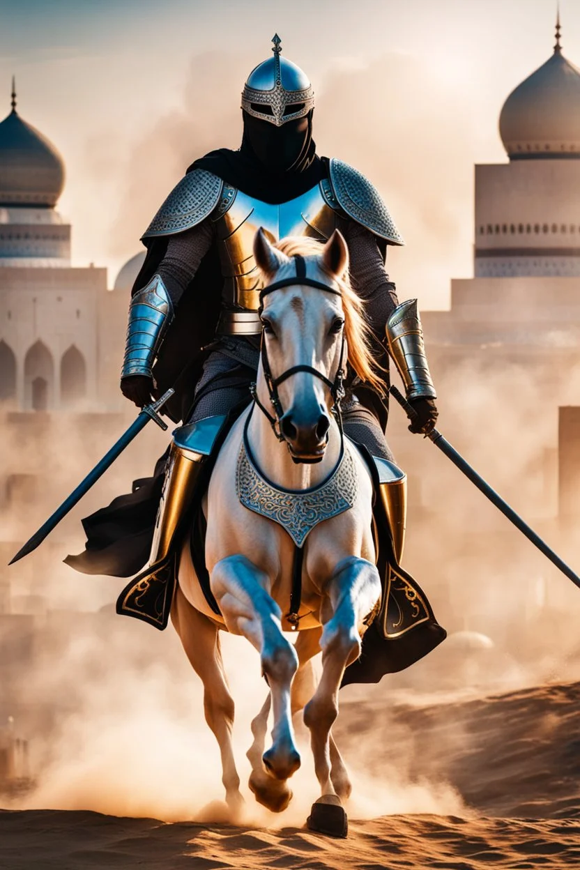 Arab cyborg warrior Full Body Full Armored helmet,Wearing Face Mask Iron Masculine Mysterious Powerful Fantasy High Quality clothes,driving on horse,islamic city background