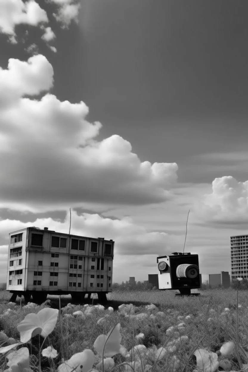 landscape ,Photo with an old analog camera. Black and white. Part of a strange dream. white clouds wide plain The big building between them. like pink floyd pigs land scape from a weird dream captured with the first model of dreamrecorder by gnom industries inc