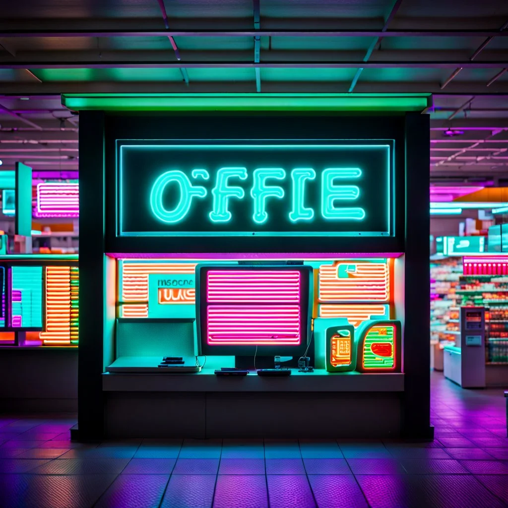 Unsettling office, skull, neon signs, empty, a computer is running, liminalcore, windows 95 logos, supermarket, chi