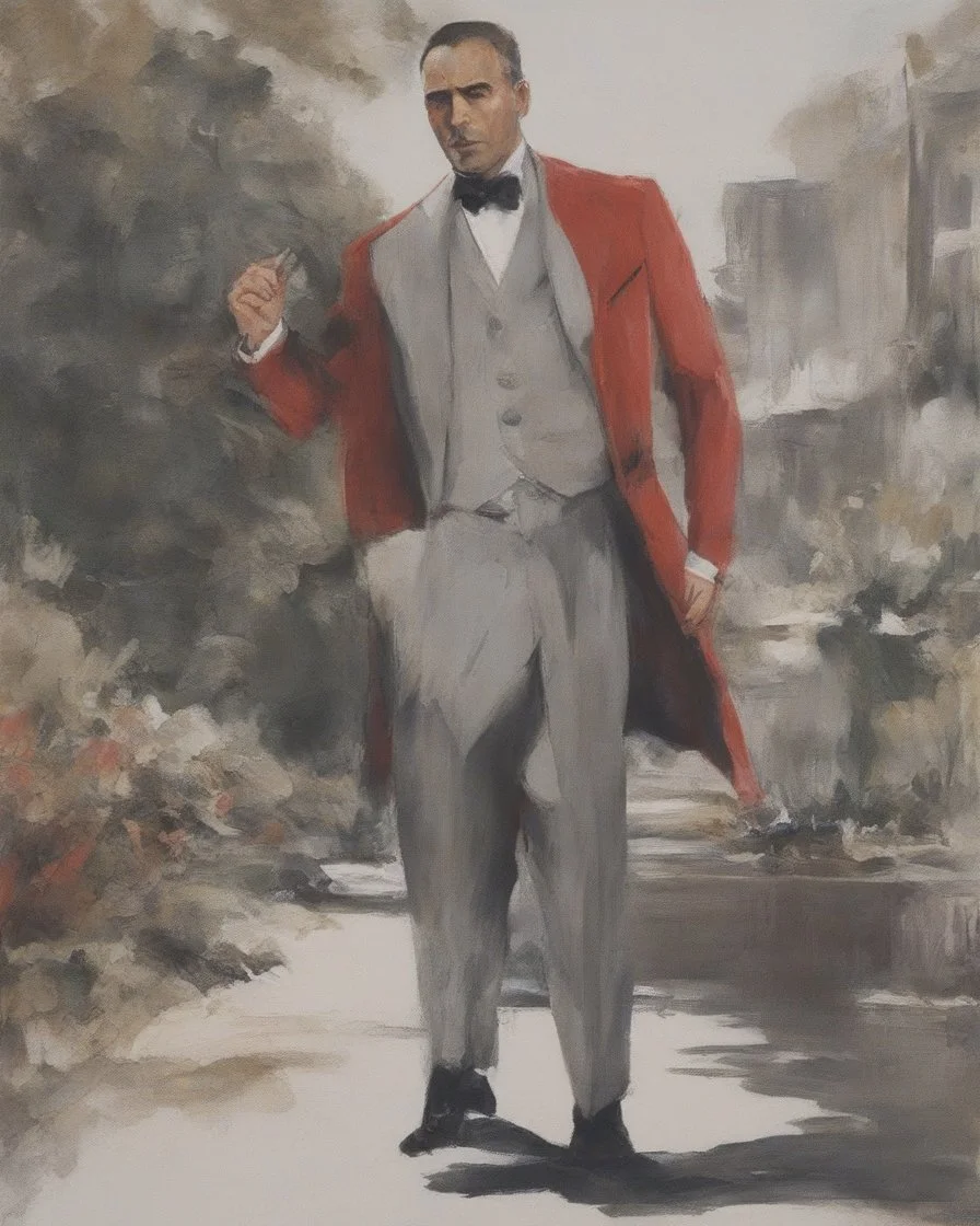 Create a compelling image featuring a man in a red suit with a dapper expression against a white background. Specify a hand-drawn style with bold strokes, emphasizing the meaning of the subject. full head. Ensure the composition captures the essence of elegant expression, creating a visually striking and impactful scene through the use of hand-drawn strokes. Vista frontal