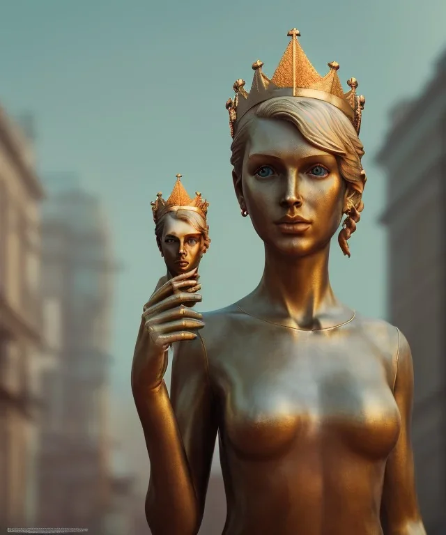 Statue of Queen of photography. Cute blonde woman. Photographer in golden crown. Standing on the street. Big camera in her hand. hyperdetailed, photorealistic, trending on artstation, greg rutkowski, beksinski, kodachrome