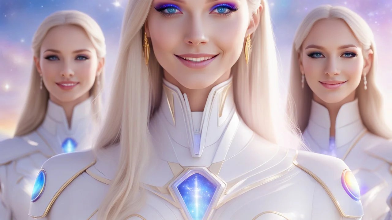 cosmic woman ,beautiful ufos rainbow, admiral from the future, galactic confédération, fine whole face, crystalline skin, expressive purple eyes,rainbow, smiling lips, very nice smile, costume pleiadian, Beautiful tall woman pleiadian Galactic commander, ship, perfect datailed golden galactic suit, high rank, long blond hair, hand whit five perfect detailed finger, amazing big puple eyes, mouth, high définition lips, cosmic happiness, bright colors