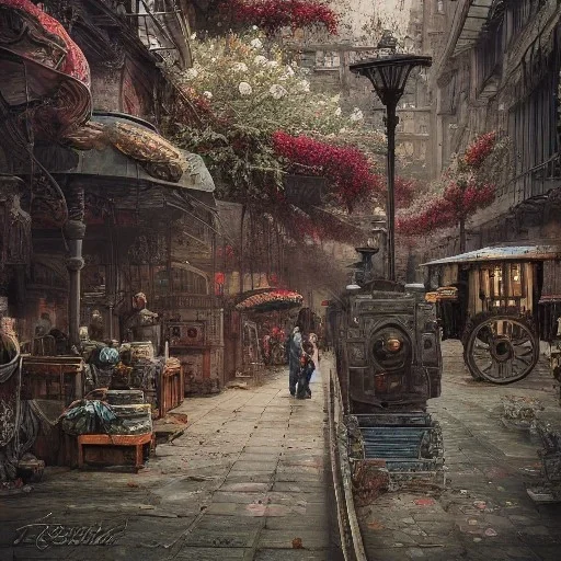 Insanely detailed photograph of an “artitcture plans of a city market along waterway” with intricate gears, intricate embroidered band, hyperdetailed painting by Ismail Inceoglu Huang Guangjian and Dan Witz CGSociety ZBrush Central fantasy art album cover art,8K, hdr, romantic, mysterious, ominous, flowers, jewelry, steam,oil,cafe,street vendors