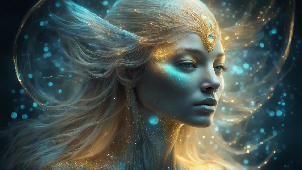 Photo in bioluminescent art style depicting a divine bird woman, embossed, double exposure, Bioluminescent dewy translucent glowing skin, ethereal glowing eyes, long neck, perfect face in ultra-realistic details, gold, flowing hair, The composition imitates a cinematic film with dazzling, golden and silver lighting effects. Intricate details, sharp focus, crystal clear skin create high detail. 3d, 64k, high resolution, high detail, computer graphics, hyperrealism, f/16, 1/300 sec. digital painti