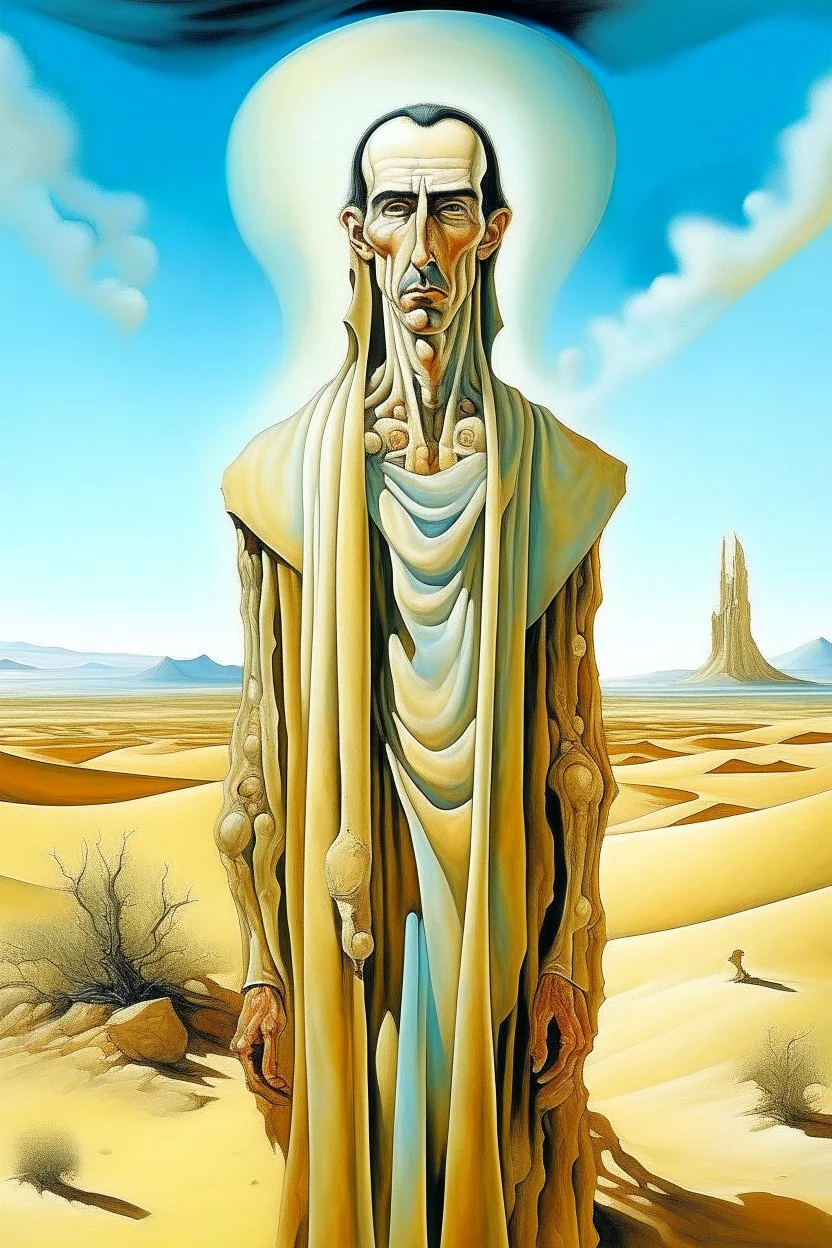 portrait of tall god looks like human but 4 times bigger than normal humans with shining eyes in full clothes, clothes like Arabs in desert. Their face is covered in white shall. by Dali.