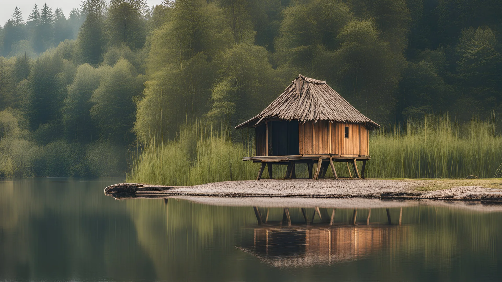 a small wooden hut by the lake