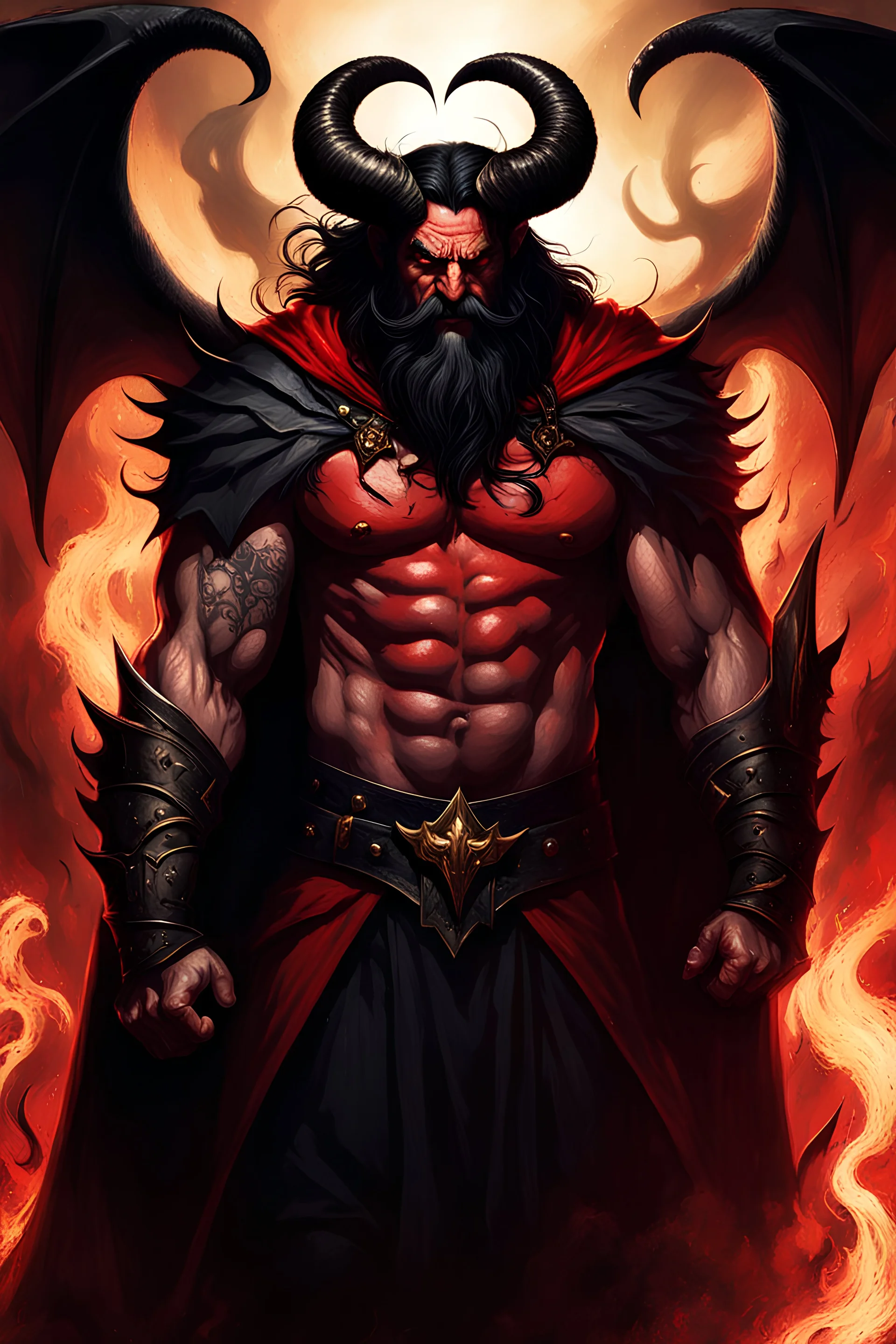 old man, black beard, no faced, shadows on face, muscle, skin red , red body, black goat horns, black bat wings, long black haired, devil appearance, satan, belsebuth, asmodeus, pethagram, diabolic scars, black old armor, golden necklace cross, cape, throne, hell fire, darkness background.