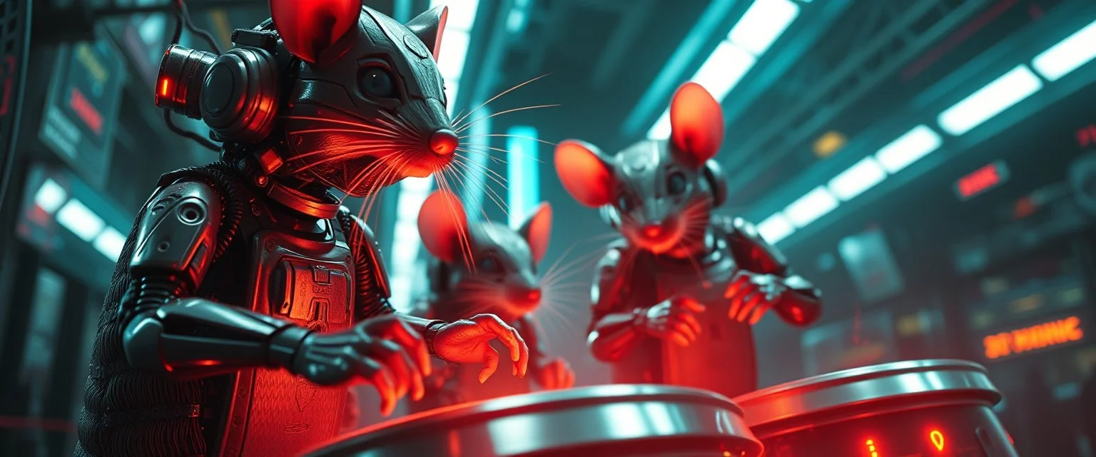 cyberpunk imagery synchronized mechanical rat drumming flickering stable core