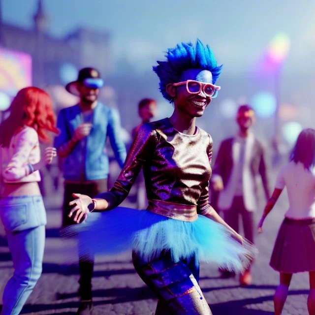 Ultra Realistic photo, medium shot view, drunken dancer women, carnival scene, monster hair, steampunk. Blue hair, confeti, Sunglasses, smile, happy, festival, red fog. highly detailed, concept art, unreal engine 5, ray tracing, RTX, lumen lighting, ultra detail, volumetric lighting, 3d, finely drawn, high definition, high resolution.