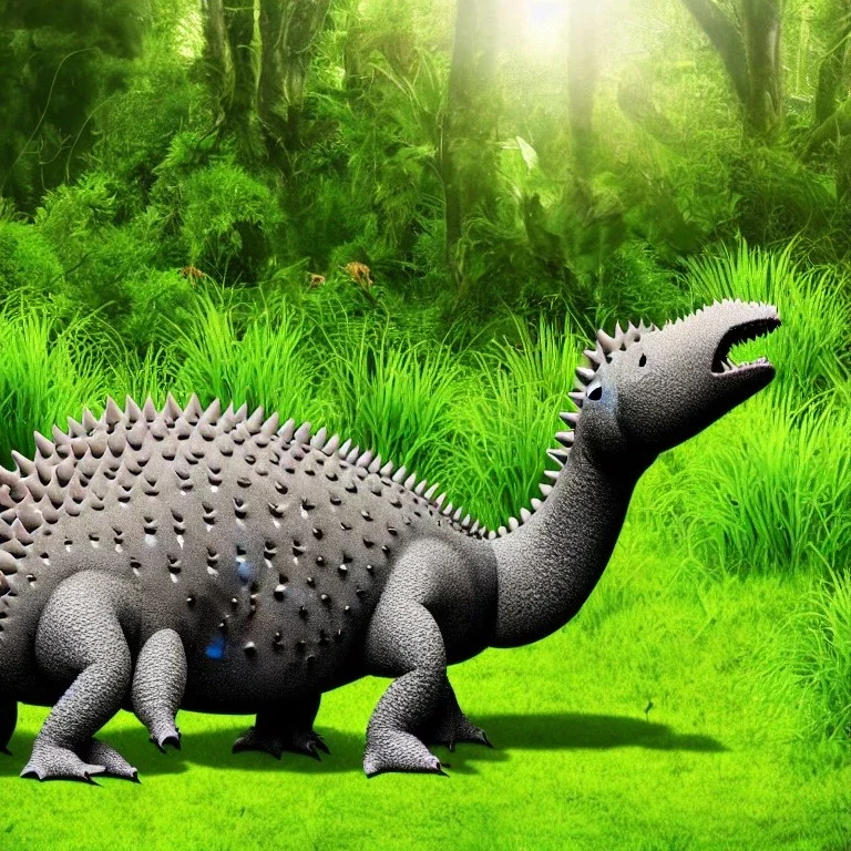 stegosaurus in the jungle eating grass showing mouth