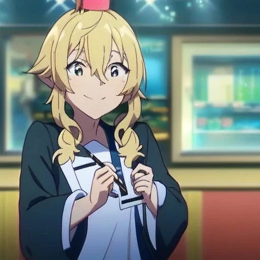 Clear focus, High resolution, a anime kid, cute, cartoony style, smiling, anime screencap, hair between eyes, holding a pencil, small forhead, female, medium length hair, long locks