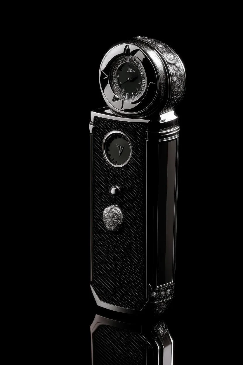 Black cigarette lighter containing a watch engraved with white gold